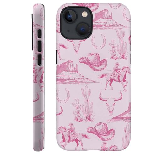 DAIZAG Case Compatible with for iPhone 14,Vintage Pink Cowboy Hat Horses Cacti Phone Case for iPhone 14 for Girl Women Boy Men