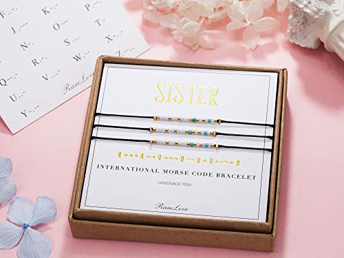 RareLove 3 Pieces Sisters Morse Code Bracelet Friendship Birthday Best Friends Gift For 3 Women Blue White Tiny Pony Seed Beads Black String Bracelets2