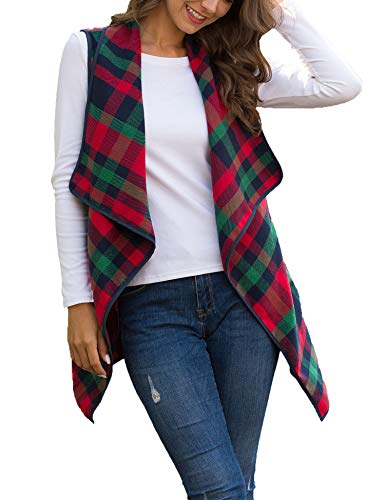 Kikibell Womens Casual Lapel Sleeveless Open Front Plaid Vest Cardigan Coat with Pockets (Red and Green, XL)