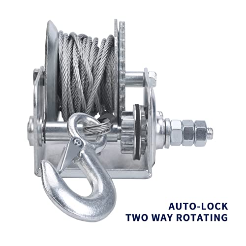 Cygrd 600lbs Auto Locking Heavy Duty Hand Winch, Boat Trailer Winch with 26FT Steel Wire Rope Manual Trailer Spreader for RV Trailer, Boat or ATV with Two-Way Rotating