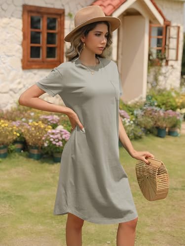 Image of Dyexces Summer Dress for Women Crew Neck Short Sleeve Solid Basic T-Shirts Casual Midi Dresses with Pocket