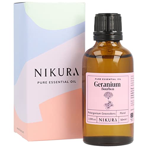 Nikura Geranium (Bourbon) Essential Oil - 50ml | 100% Pure Natural Oils | Perfect for Aromatherapy, Diffusers, Humidifier, Bath | Great Skin Cleanser, Calming, Skincare | Vegan & UK Made