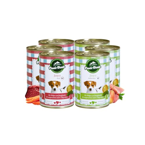 Pauls Beute Testpaket Welpenfutter Nass | 6 x 400g Huhn & Rind | Getreidefrei | Monoprotein | Glutenfrei | Laktosefrei | Premium Hundefutter Nass für wachsende Welpen | Gratis Dosendeckel