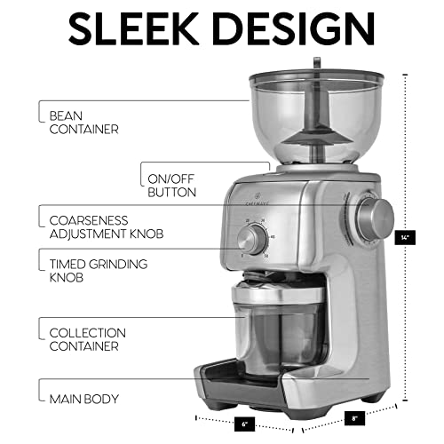 Chefwave Conical Burr Coffee Grinder - 16 Grind Settings Electric Coffee Bean Grinder - Die Cast Aluminum Housing - Scoop, Cleaning Brush - Coarse For French Press, Fine For Espresso - 2 To 10 Cups #TOP6