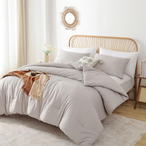 Image of ROSGONIA Queen Comforter Set Linen Grey, 3pcs Queen Size Comforter(1 Boho Gray Comforter & 2 Pillowcases) All Season Lightweight Bedding Blanket Quilt