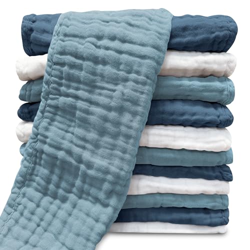 Image of Muslin Burp Cloths for Baby 100% Cotton Burping Cloths for Unisex, Boy, Girl - Large 20'' by 10'' Newborn Essentials Ultra Soft Absorbent Milk Spit Up Rags - 12 Pack - White+Light Navy Series