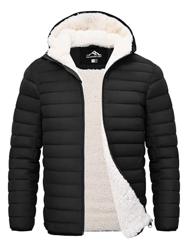 Peakwell Men's Sherpa Lining Warm Winter Fleece Jacket Outdoor Coat Down Quilted Parka, Black, L