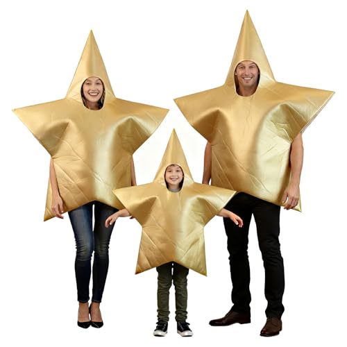Generisch Weihnachtsstern Kostüm für Erwachsene Kinder Unisex Stern Kostüm Groß Goldfarben mit Löchern für Gesicht und Arm Gold Stern Fancy Kleid Einheitsgröße Weihnachten Familien Weihnachtsoutfit