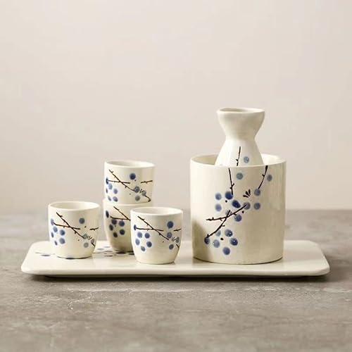 YIRENZUI Japanese Sake Pot Ceramic Wine Glass Flagon Pot Tray Flat Plate Handpainted Sake Wine-Warmer Plum Pattern Drinking Vessels,Most Ideal Choice