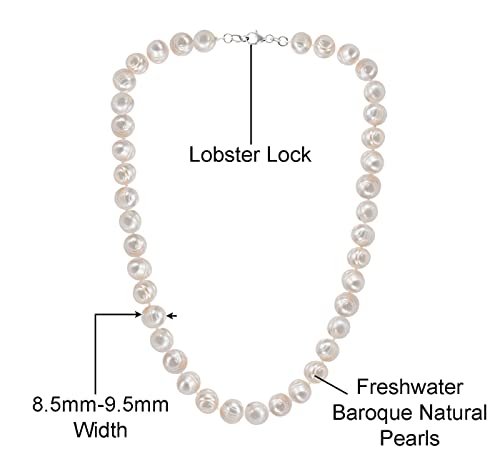Savlano 8.5-9.5MM Cultured Freshwater Baroque Natural White Pearl Bead Necklace 19-inch, For Women Comes with Gift Box3