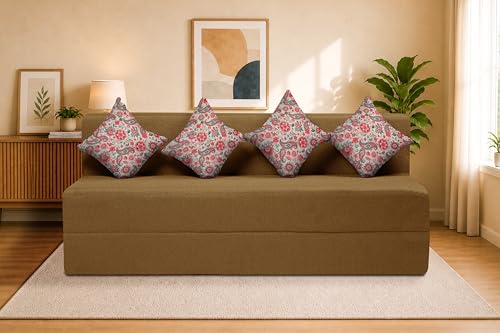 Image of Four Seater Sofa Cum Bed Jute Fabric 6 X 6 Ft| Space Saving Foldable Sofa Bed for Living Room & Guest Room | Comfortable Multi-Functional Furniture - Golden