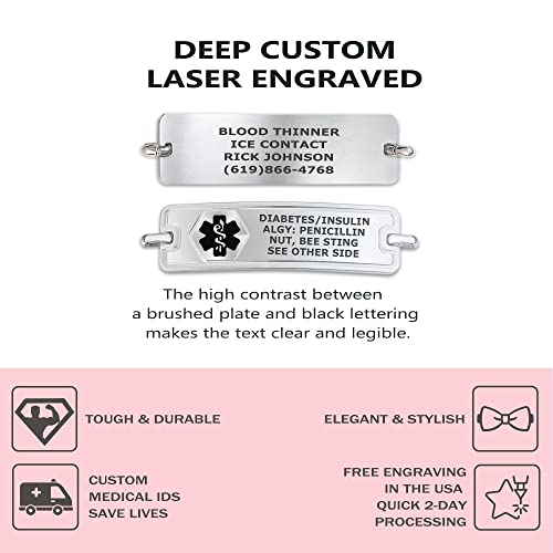 Divoti Custom Engraved Medical Alert Bracelets for Women, Stainless Steel Medical Bracelet, Medical ID Bracelet w/Free Engraving – Classic Tag w/Wheat Chain -Pink-8.5\"