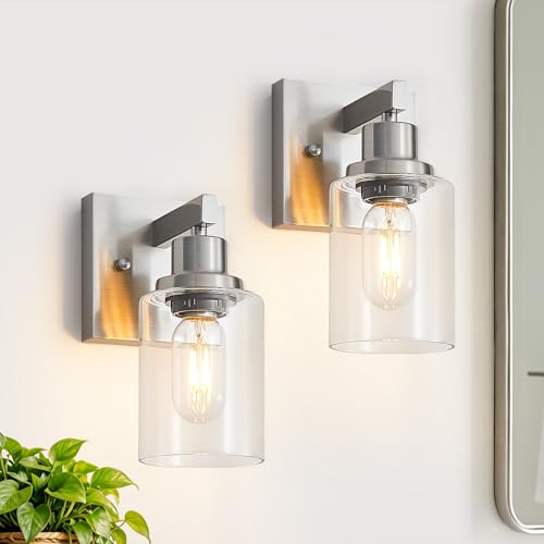 Image of Bathroom Wall Sconces Set of 2,Brushed Nickel Wall Sconce,Vanity Light with Clear Glass Wall Mounted Light Fixture,Farmhouse Wall Lamp for Bedroom Living Room Mirror Hallway