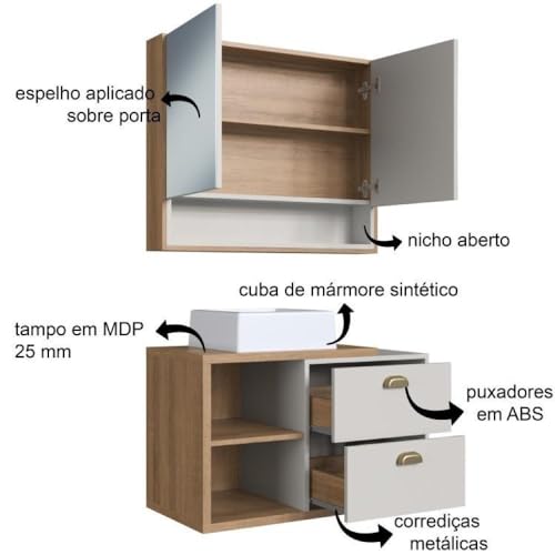 Conjunto para Banheiro Gabinete Suspenso 80cm 2 Gavetas com Cuba e Espelheira 2 Portas Helena Mel/ar