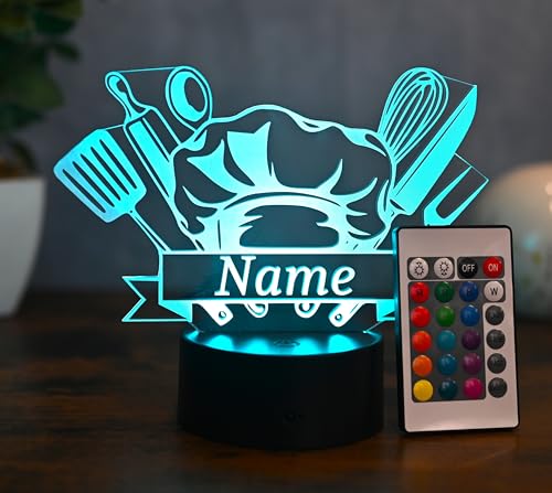 Optechvisual Personalisierte Koch LED Tischlampe – Geschenk für Köche & Hobbyköche – LED Nachtlicht mit Namen – Stilvolle Küchen-Deko & Leselampe