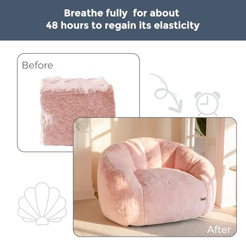 Image of MAXYOYO Giant Bean Bag Chair, Oversized Bean Bag Couch for Adults and Kids, Faux Fur Shell-Shaped Large Chair with Filler, Stuffed Big Accent Sofa Lounge Floor Sofa for Gaming, Reading, Pink