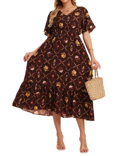 Image of Women's Summer Short Sleeve Maxi Floral Flowy Dresses with Pockets