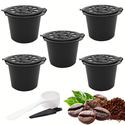 Pack 5 Capsule per Caffè Riutilizzabili e Lavabili, Confezione 5 PZ + 1 Cucchiaio + 1 Pennello per Pulizia, Capsula Materiale Plastica PVC Alta Qualità (Compatibile espresso)