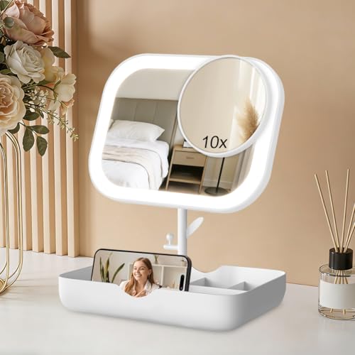 OSDUE Specchio Cosmetico con Illuminazione LED, Miroir Trucco Portatile Specchio Makeup Professionale Rotazione 360° Regolabile con Touch Screen Ricarica USB per Bagno Camera Letto Rasatura Viaggio