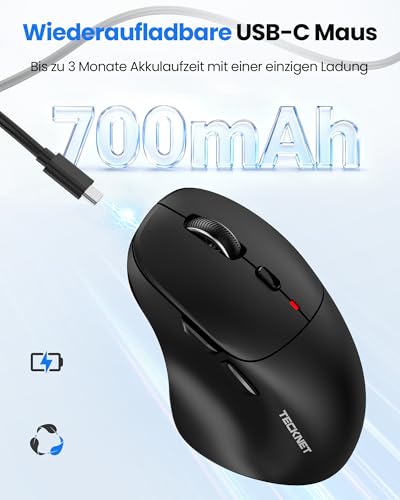 TECKNET Bluetooth Maus Wiederaufladbar, Maus Kabellos (Tri-Modi: BT5.0/3.0 + 2.4G) mit Ergonomische Daumenauflage, 4800 DPI Computer Leise Funkmaus für Laptop, PC, Mac OS, Android, Windows 4