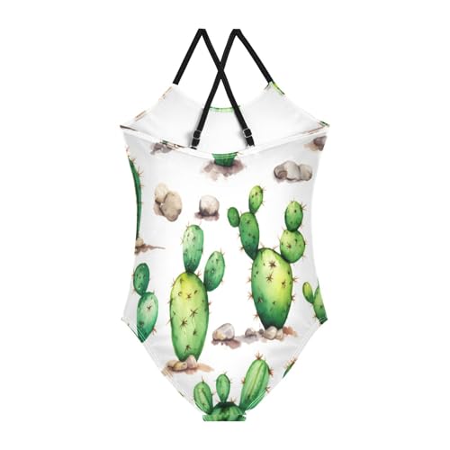 Watercolor Green Cactus White Child Girl Swimsuit, Beach Bathing Suit 3-10 Y with Adjustable Shoulder Strap, 3-10 Y2