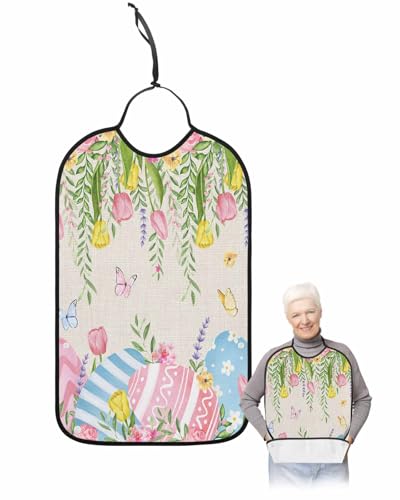 LEOKOTI Spring Easter Adult Bibs for Eating, Waterproof Bibs with Food Catcher & Adjustable Snap Closure, Rustic Floral Botanical Easter Eggs Washable Clothing Protectors Adult Bibs for Elderly