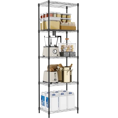 Image of M MZG 5 Tiers Shelf Metal Storage Shelves Wire Rack Closet Organizers with Wheel for Garage Kitchen Bathroom Laundry Black 11.8 inch D x 17.7 inch W x 55 inch H