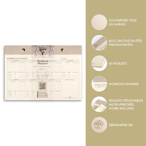 Clairefontaine 116094C - Inspire, Workout planner, Bloc à rivets 24x17cm, Toile du Marais, 60 feuillets imprimés détachables, ass.