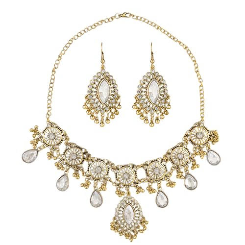 VLYX Ensemble de Bijoux Indiens Traditionnels pour Femmes - Collier & Boucles d'oreilles Jhumka - Style Bohème Ethnique pour Mariages, Fêtes et Accessoires...