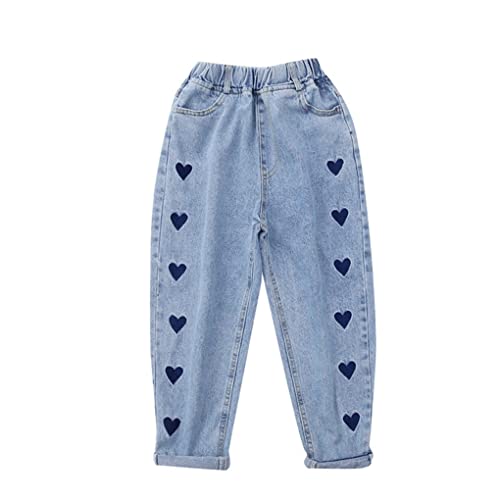 Girls Kids Fashion Embroidery Love Denim Pants Blue Jeans Stretchy Casual