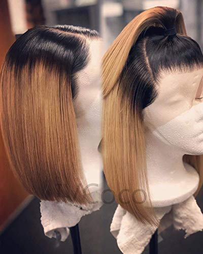 Lace Front Bob Human Hair Ombre Wig 2 Tone Glueless 13x6 Frontal Deep Middle Part Pre Plucked with Baby Hair Straight Short Bob Wigs Glueless Blonde Bob Lace Frontal Wigs for Women (12",1B-27#)