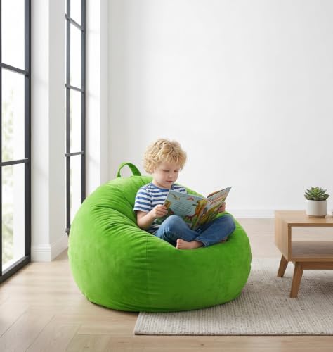 Image of Hobestluk 2FT Bean Bag Chairs Small BeanBag Chair Velvet Fabric | Memory Foam,Washable Cover,Storage Pocket,Portable Handle,Versatile Usage,Dinosaur Bean Bag for Classroom Seating | Lime 2FT