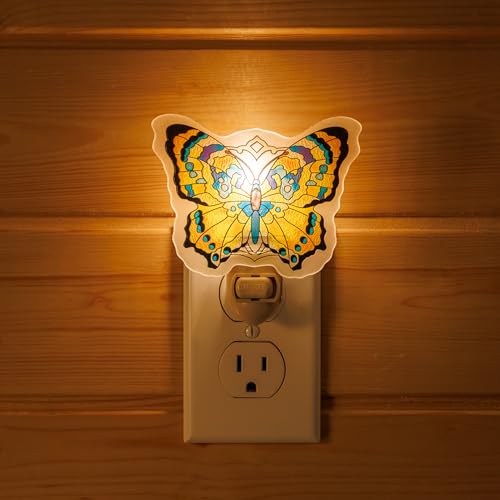 Image of Butterfly Stained Glass Styled Night Light, Real Glass Plug-in Wall Light with Manual On /Off Switch for Bedroom, Hallway, Bathroom, Gift for Girls and Sisters-Tiger Eyes Yellow