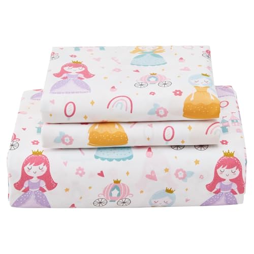 Softan Kids Bed Sheet Set, Girls Twin Size Sheets, Microfiber Fitted Sheet and Pillowcase, Breathable and Silky Soft, 3 Piece Castle Princess Printed Twin Bed Sheet