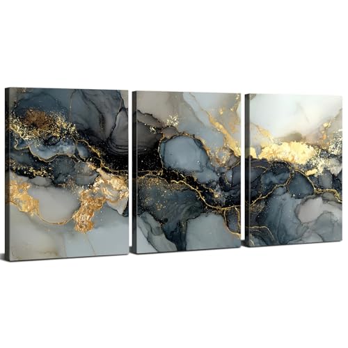Image of Abstract Marble Canvas Wall Art Black Grey Gold Wall Pictures for Living Room Decor Modern Luxury Wall Decor Contemporary Minimalist Artwork for Bedroom Hallway Office Home Decorations 30x40cm 3Pcs