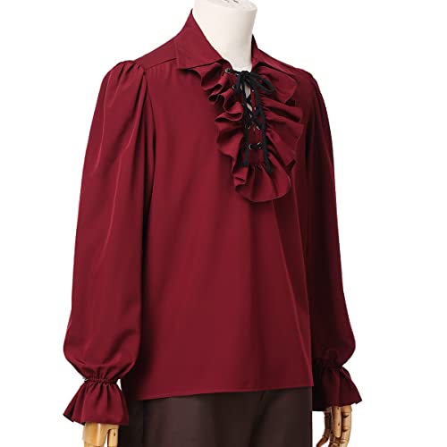 GRACEART Mens Pirate Shirt Ruffle Colonial Shirt Renaissance Poet Frilly Shirt Steampunk Vampire Gothic Costume Wine Red - Image 4