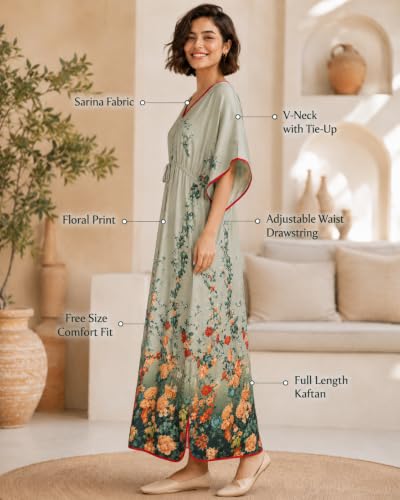 Image of Noty Women's Kaftan Nighty | Digital Print | Sarena Fabric | V Shaped Neck Nightwear | Nightdress for Girl