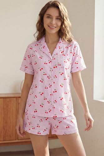 Image of LUBOT 100% Cotton Pajamas for Women 2 Piece PJ Set Poplin Woven Lightweight Ladies Button Short Sleeve Sleepwear S-XXL