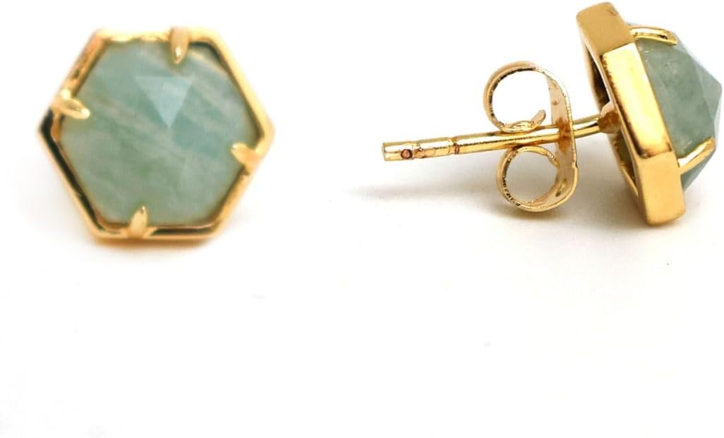Gempires Gemstone Hexagon Shaped Prong Bezel Stud, 14k Gold Plated, Hypoallergenic and Minimal Jewelry, Healing Christmas Gift For Her