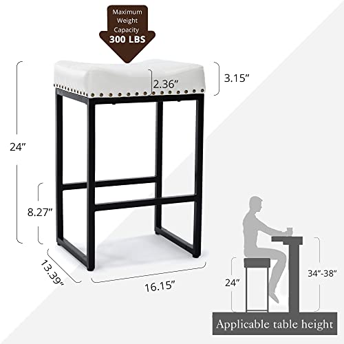 Lue Bona Counter Height Bar Stools 24" Square Saddle Barstools Set Of 4, Modern Backless Faux Leather Counter Stool With Black Metal Legs For Kitchen Island Counter,Home Bar,Bistro,White #TOP5