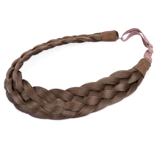 BOBIYA 5 Strand Synthetic Hair Braided Headband Classic Chunky Wide Plaited Braids Elastic Stretch Hairpiece for Women Girl (Chestnut)