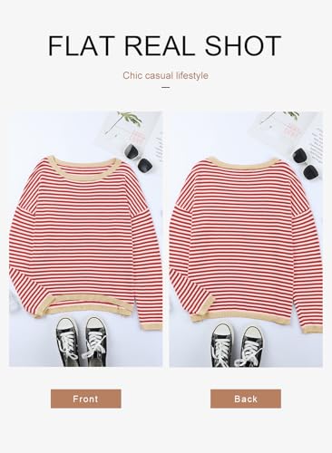 Image of Dokotoo Women's Long Sleeve Sweaters Casual Crewneck Fashion Fall Striped Color Block Shirts High Low Pullover Sweater Tops