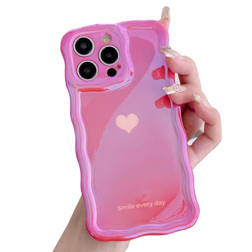 Coque iPhone 14 Pro Max silicone TPU rouge laser avec cadre ondulé et motif cœur