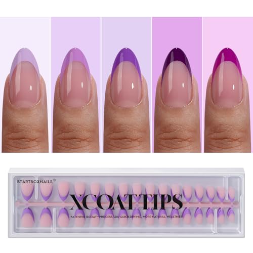 BTArtboxnails XCOATTIPS Purple French Tip Press On Nails - Short Press On Nails Almond, Soft Gel Nail Tips, 160Pcs Soak Off Acrylic Pink Fake Nail Extension in 16 Sizes