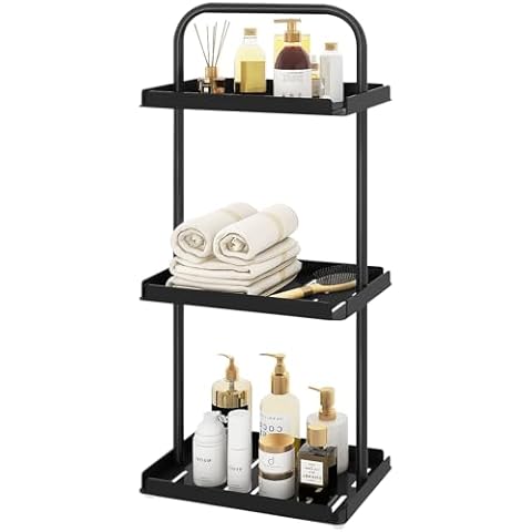 ELITEROO 3 Tier Standing Shower Caddy Organizer, Corner Shower Shelf with Handle, Storage Stands for Shampoo, Stand Up Metal Basket Rack for Inside Bathroom, Bathtub, Office, Kitchen, Black Cover