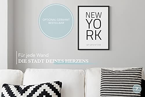 Papierschmiede® Geo Poster Koordinaten New York, B2 (50x70 cm) Stadt Poster als Wanddeko für Wohnzimmer Schlafzimmer Küche Esszimmer, USA East Coast, Bild ohne Rahmen