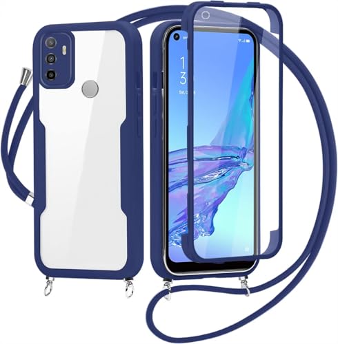 Cover per Oppo A53S/A33 2020/A32/Oppo A53 con Cordino, 360 Gradi Antiurto Custodia con Protezione Schermo Integrata Trasparente Rugged TPU Bumper Doppia Protettiva Cover per Oppo A53S -Blu