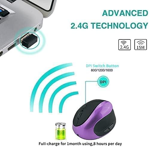 Miniatura 4 de Ratón vertical ergonómico, inalámbrico 2.4G de alta precisión recargable ergonómico ratón óptico con DPI ajustable 80012001600, reduce la tensión de