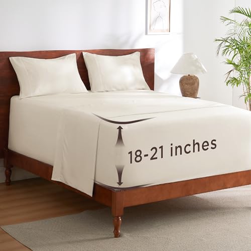 Image of Bedsure Deep Pocket King Sheet Set - Fits Mattresses Up to 21 Inches Thick - 4 Piece GentleSoft Bed Sheets, Moisture Wicking, Soft & Cooling Bedsheet & Pillowcases, Easy & Secure Fit, Ivory