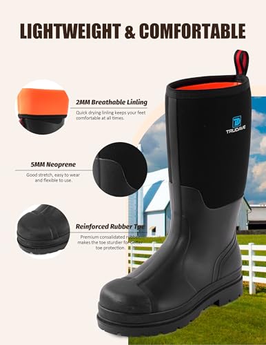 Image of Trudave Rubber Boots for Men, Waterproof Rain Boots with Steel Shank & Reinforced Shell, 5mm Neoprene Insulated Knee Mud Boots for Outdoor Work Hunting Farming Fishing